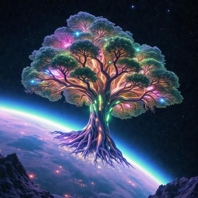 The primary subject of the image is a tree with a large number of branches and leaves. The tree is located on a planet, which is the setting for the scene. The visual style of the image is digital art, as it appears to be a computer-generated or digitally edited representation of the tree. The colors and mood of the image are vibrant and lively, with the tree being the main focus and the background being a mix of colors and patterns.